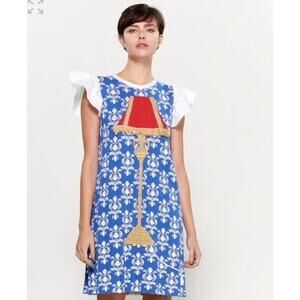 Boutique Moschino Lamp Dress Blue White Ruffle Sleeves Cotton S IT40 Quirky Art